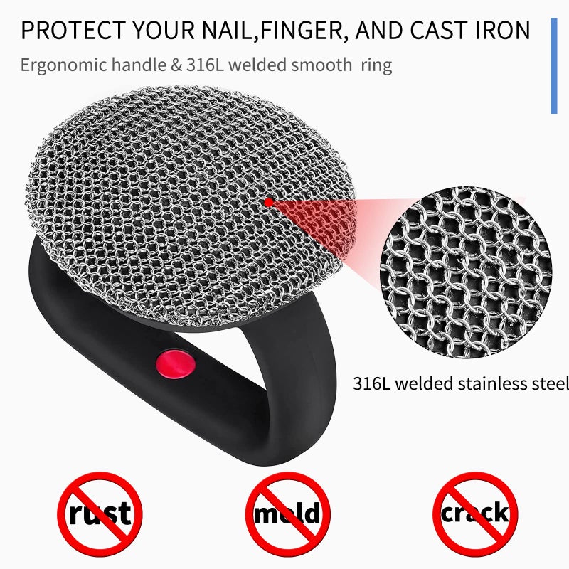 Herda Cast Iron Cleaner Scrubber+Tray with Handle, Welded Chainmail Scrubber for Pan Pot Grill Oven Wok Cleaning- Small Ring Chain Scrub Metal Scraper Brush Iron Skillet Steel Wool Scrubber Steel Sponge - Image 4